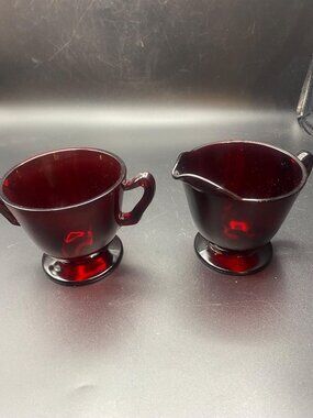 Ruby Red Footed Creamer N Sugar